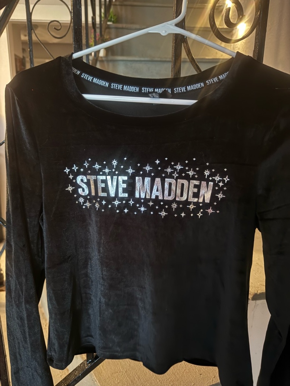 Steve Madden Black Velvet Long Sleeve Top with Silver Star Logo